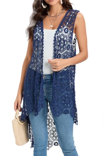 Cefulnel Damen Casual Lange Häkelweste Loose Fit Boho Spitze Cover Up High Low Ärmellos Cardigan, Marineblau, Einheitsgröße von Cefulnel