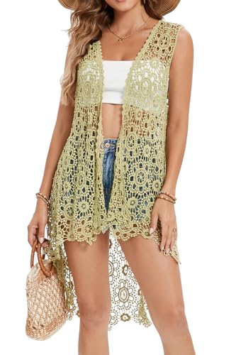 Damen Casual Lange Häkelweste Loose Fit Boho Spitze Cover Up High Low Ärmellos Cardigan, Oliv/Blatt für mich (Leaf It to Me), Einheitsgröße von Cefulnel
