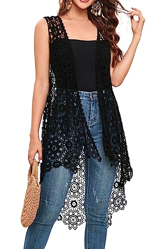 Damen Casual Lange Häkelweste Loose Fit Boho Spitze Cover Up High Low Ärmellos Cardigan, Schwarz, Einheitsgröße von Cefulnel