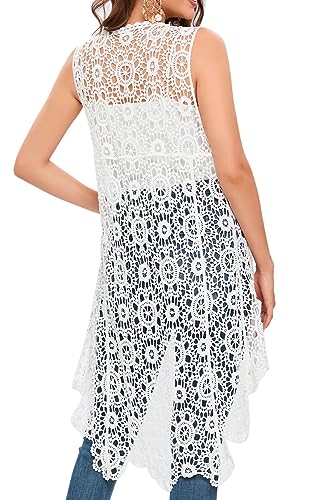 Damen Casual Lange Häkelweste Loose Fit Boho Spitze Cover Up High Low Ärmellos Cardigan, Weiss/opulenter Garten, Einheitsgröße von Cefulnel