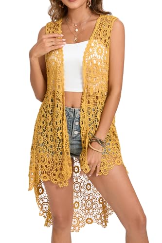 Damen Casual Lange Häkelweste Loose Fit Boho Spitze Cover Up High Low Ärmellos Cardigan, gelb, Einheitsgröße von Cefulnel
