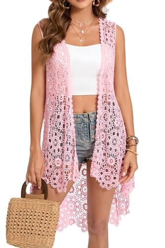 Lässige lange Häkelweste für Damen, lockere Passform, Boho-Spitze, ärmellos, Cardigan, Pink, Einheitsgröße Lässige lange Häkelweste für Damen, lockere Passform, Boho-Spitze, ärmellos, Cardigan, Pink, Einheitsgröße von Cefulnel