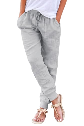Cegerne Damen Baumwolle Leinenhose Lang Leicht Sommerhose Luftige Loose Fit Casual Stoffhose mit Taschen, Grau-2, 3XL von Cegerne