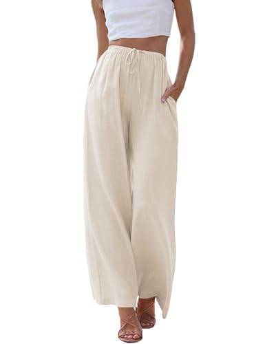 Cegerne Damen Leinenhose Lang Leicht Sommerhose Loose Fit Casual Locker Stoffhose Weite Beine Palazzo Hose mit Taschen, Apricot-1, XXL Cegerne Damen Leinenhose Lang Leicht Sommerhose Loose Fit Casual Locker Stoffhose Weite Beine Palazzo Hose mit Taschen, Apricot-1, XXL von Cegerne