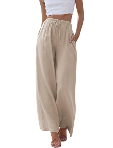 Cegerne Damen Leinenhose Lang Leicht Sommerhose Loose Fit Casual Locker Stoffhose Weite Beine Palazzo Hose mit Taschen, Khaki-1, XXL Cegerne Damen Leinenhose Lang Leicht Sommerhose Loose Fit Casual Locker Stoffhose Weite Beine Palazzo Hose mit Taschen, Khaki-1, XXL von Cegerne