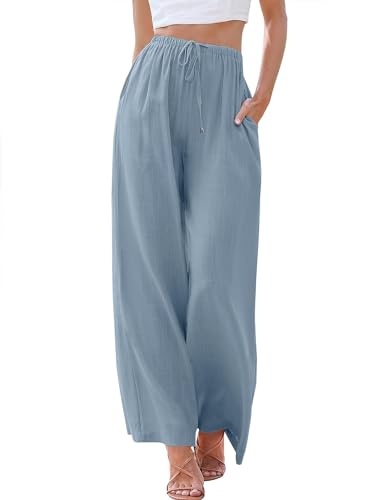 Cegerne Damen Leinenhose Lang Leicht Sommerhose Loose Fit Casual Locker Stoffhose Weite Beine mit Taschen, Himmelblau, L von Cegerne
