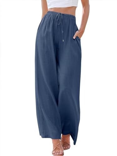 Cegerne Damen Leinenhose Lang Leicht Sommerhose Loose Fit Casual Locker Stoffhose Weite Beine mit Taschen, Seeblau, M von Cegerne