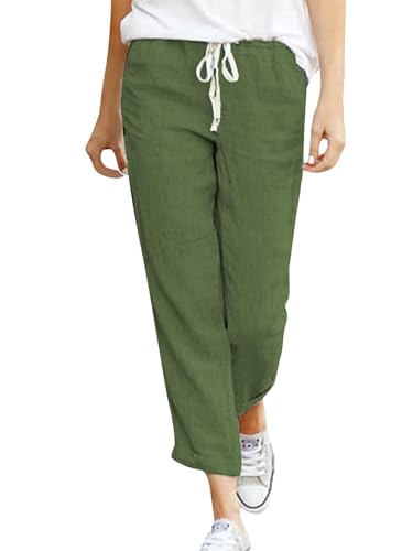 Cegerne Damen Leinenhose Lang Leicht Sommerhose Loose Fit Casual Stoffhose mit Taschen Strand, Grün-0, XL von Cegerne