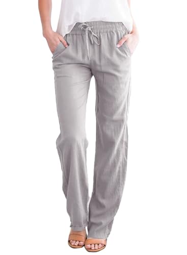 Cegerne Damen Leinenhose Lang Leicht Sommerhose Mittelalter Musselin Loose Fit Casual Stoffhose Urlaub Strand, 1-Grau, M von Cegerne