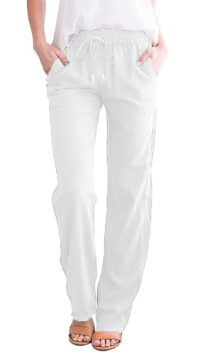 Cegerne Damen Leinenhose Lang Leicht Sommerhose Mittelalter Musselin Loose Fit Casual Stoffhose Urlaub Strand, 1-Weiß, M von Cegerne