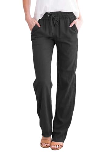 Cegerne Damen Leinenhose Lang Leicht Sommerhose Mittelalter Musselin Loose Fit Casual Stoffhose Urlaub Strand Alltag, Schwarz-c, XL von Cegerne