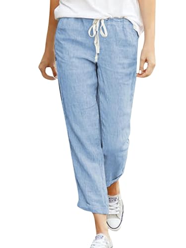 Cegerne Damen Leinenhose Lang Sommerhose Leicht Luftig Loose Fit Casual Baumwolle Stoffhose mit Taschen für Urlaub Strand 7/8, Blau, XL von Cegerne