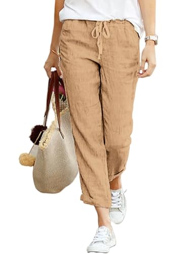 Cegerne Damen Leinenhose Lang Sommerhose Leicht Luftig Loose Fit Casual Baumwolle Stoffhose mit Taschen für Urlaub Strand 7/8, Khaki, XL von Cegerne