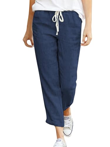Cegerne Damen Leinenhose Lang Sommerhose Leicht Luftig Loose Fit Casual Baumwolle Stoffhose mit Taschen für Urlaub Strand 7/8, Marineblau, XXL von Cegerne