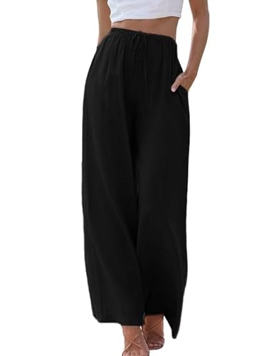 Cegerne Damen Leinenhose Lang Sommerhose Leicht Strandhose Loose Fit Locker Stoffhose Weite Beine Musselin Palazzo Hose mit Taschen, 0-Schwarz, L von Cegerne