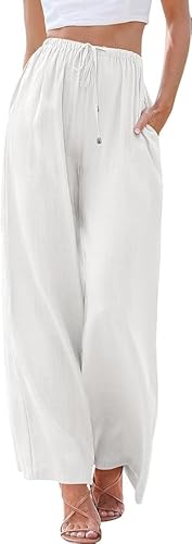 Cegerne Damen Leinenhose Lang Sommerhose Leicht Strandhose Loose Locker Weite Beine Musselin Palazzo Hose mit Taschen, Weiß-x, L von Cegerne