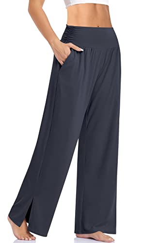 Cegerne Damen Palazzo High Waist Yogahose Stretch Weite Jogginghose Schlitz Sport Activewear Traniningshose mit Taschen, Dunkel Grau, 3XL von Cegerne