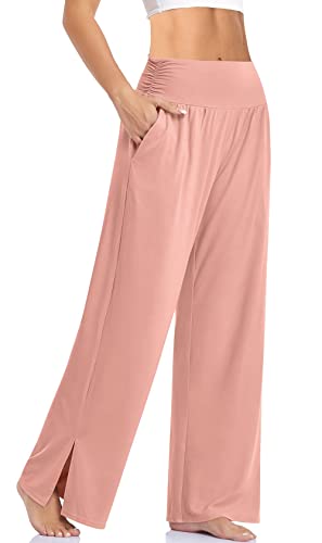 Cegerne Damen Palazzo High Waist Haremshose Yogahose Stretch Stoffhose Weite Jogginghose Sport Activewear Hose Traniningshose mit Schlitz, Rosa, 3XL von Cegerne