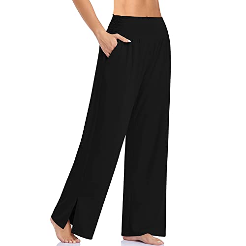 Cegerne Damen Palazzo High Waist Haremshose Yogahose Stretch Stoffhose Weite Jogginghose Sport Activewear Hose Traniningshose mit Schlitz, Schwarz01, 3XL von Cegerne