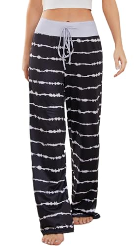 Cegerne Damen Yogahose Stretch Pyjamahose Schlafanzughose Lang Weich Lounge Freizeithose Weite Bein Palazzo Bequeme Haushose Schlafhose, Schwarze Linie-1, XXL von Cegerne