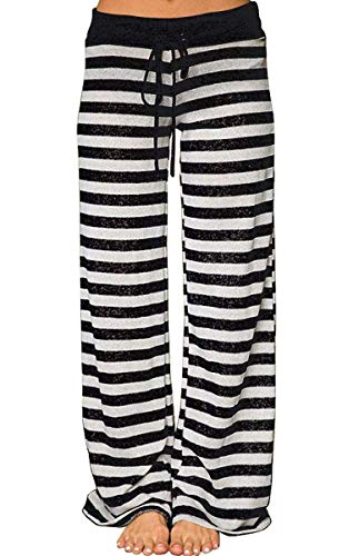Cegerne Damen Yogahose Stretch Pyjamahose Schlafanzughose Lang Weich Lounge Freizeithose Weite Bein Palazzo Bequeme Haushose Schlafhose, Schwarzer Streifen-1, L von Cegerne
