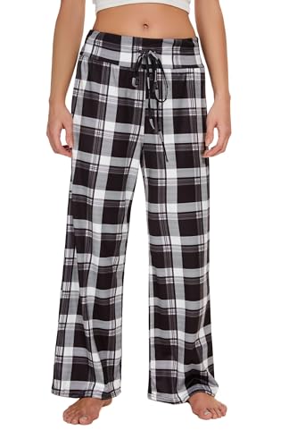 Cegerne Weihnachts Pyjama Damen Schlafanzughose Lang Schlafanzug Pyjamahose Nachtwäsche Karierte Weich Schlafhose mit Kordelzug, Schwarz Kariert #1, L von Cegerne