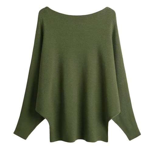 Cegerne Damen Pullover Fledermausärmel Oberteil Elegant Oversize Pulli Langarm Sweatshirt Strickpullover Batwing Knitted Sweater, Armgrün von Cegerne