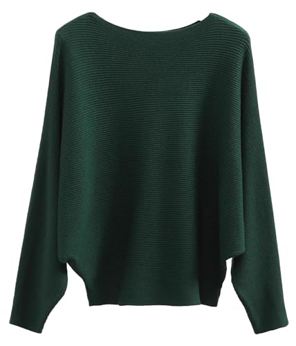 Cegerne Damen Pullover Fledermausärmel Oberteil Elegant Oversize Pulli Langarm Sweatshirt Strickpullover Batwing Knitted Sweater, Dunkelgrün von Cegerne