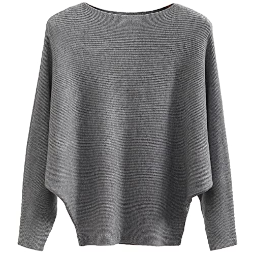 Cegerne Damen Pullover Fledermausärmel Oberteil Elegant Oversize Pulli Langarm Sweatshirt Strickpullover Batwing Knitted Sweater, Grau von Cegerne