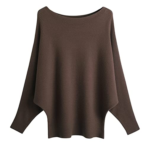 Cegerne Damen Pullover Fledermausärmel Oberteil Elegant Oversize Pulli Langarm Sweatshirt Strickpullover Batwing Knitted Sweater, Kaffee von Cegerne