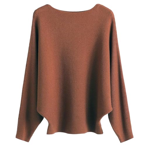 Cegerne Damen Pullover Fledermausärmel Oberteil Elegant Oversize Pulli Langarm Sweatshirt Strickpullover Batwing Knitted Sweater, Karamell von Cegerne