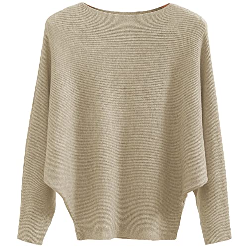 Cegerne Damen Pullover Fledermausärmel Oberteil Elegant Oversize Pulli Langarm Sweatshirt Strickpullover Batwing Knitted Sweater, Khaki von Cegerne