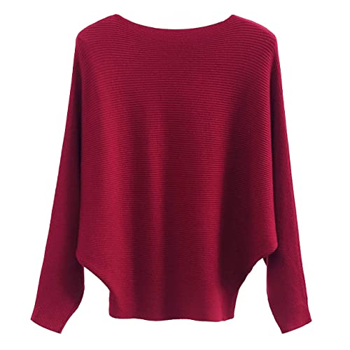 Cegerne Damen Pullover Fledermausärmel Oberteil Elegant Oversize Pulli Langarm Sweatshirt Strickpullover Batwing Knitted Sweater, WeinRot von Cegerne