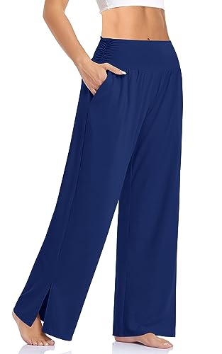 Cegerne Damen Palazzo High Waist Yogahose Stretch Weite Jogginghose Schlitz Sport Activewear Traniningshose mit Taschen, Navy Blue01, S von Cegerne