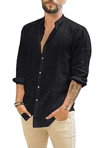 Cegerne Herren Leinenhemd Baumwolle Button-Down Hemd Langarm Shirt Casual Regular Fit Sommerhemd Freizeithemd Men Shirts, Z-chwarz, M von Cegerne