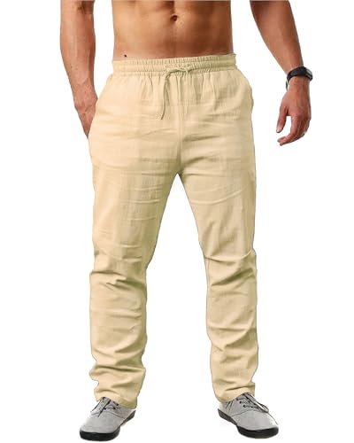Cegerne Herren Leinenhose Einfarbiges Lang Leicht Sommerhose Loose Fit Freizeithose mit Kordelzug für Urlaub Strand Alltag, Kahki, M von Cegerne