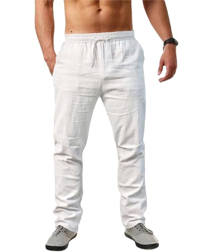 Cegerne Herren Leinenhose Einfarbiges Lang Leicht Sommerhose Loose Fit Freizeithose mit Kordelzug für Urlaub Strand Alltag, Weiß, L Cegerne Herren Leinenhose Einfarbiges Lang Leicht Sommerhose Loose Fit Freizeithose mit Kordelzug für Urlaub Strand Alltag, Weiß, L von Cegerne