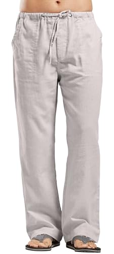 Cegerne Herren Leinenhose Lang Leicht Sommerhose Mittelalter Loose Fit Casual Freizeithose Strand Beach Urlaub Alltag, Grau-00, XL von Cegerne