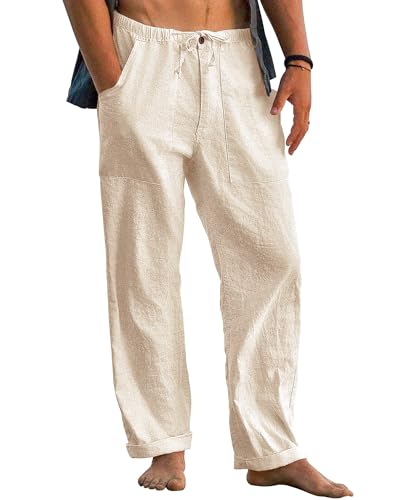 Cegerne Herren Leinenhose mit Kordelzug Leicht Sommerhose Freizeithose Einfarbig Hose Lang Strandhose Urlaub Alltag, Z-Beige, M von Cegerne