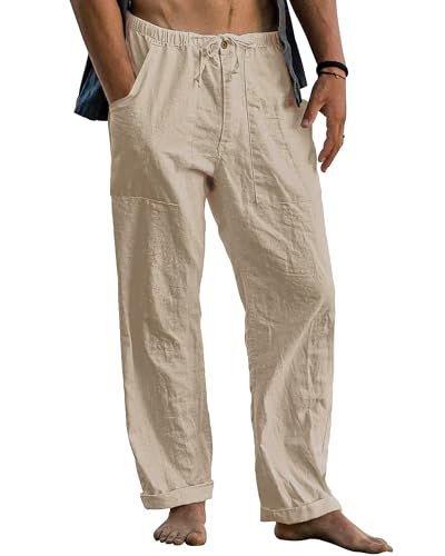 Cegerne Herren Leinenhose mit Kordelzug Leicht Sommerhose Freizeithose Einfarbig Hose Lang Strandhose Urlaub Alltag, Z-Khaki, M von Cegerne