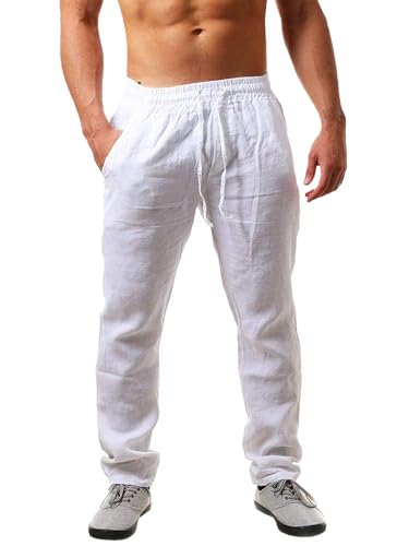 Cegerne Herren Leinenhose Lang Leicht Sommerhose Mittelalter Loose Fit Freizeithose Elastischer Bund mit Kordelzug für Urlaub Strand Alltag, Weiß, XXL von Cegerne