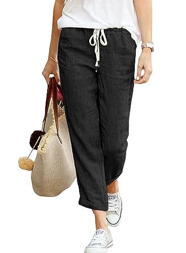 Cegerne Hose Damen Leinen Sommerhose 7/8 Casual Leichte Baumwolle Leinenhose Stoffhose Bequeme Luftige Freizeithose Strandhose Mit Taschen, Schwarz, L von Cegerne
