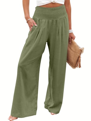 Cegerne Leinenhose Damen Sommer Hose Leicht Leinen Hosen Weites Bein Palazzo Casual Freizeithose Hohe Taille Einfarbig Sommerhose Stoffhose mit Taschen, Armeegrün-1, L von Cegerne