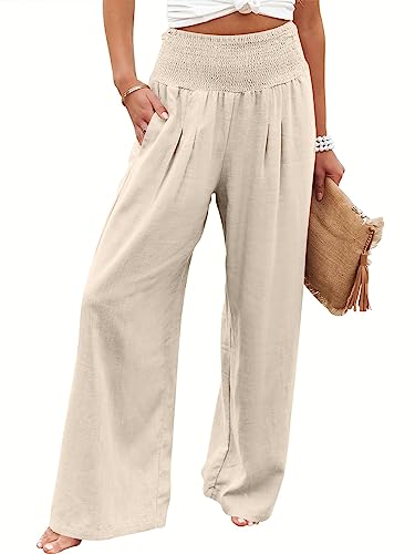 Cegerne Leinenhose Damen Sommer Hose Leicht Leinen Hosen Weites Bein Palazzo Casual Freizeithose Hohe Taille Einfarbig Sommerhose Stoffhose mit Taschen, Beige-1, XL von Cegerne