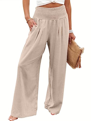 Cegerne Leinenhose Damen Sommer Hose Leicht Leinen Hosen Weites Bein Palazzo Casual Freizeithose Hohe Taille Einfarbig Sommerhose Stoffhose mit Taschen, Khaki-1, M Cegerne Leinenhose Damen Sommer Hose Leicht Leinen Hosen Weites Bein Palazzo Casual Freizeithose Hohe Taille Einfarbig Sommerhose Stoffhose mit Taschen, Khaki-1, M von Cegerne