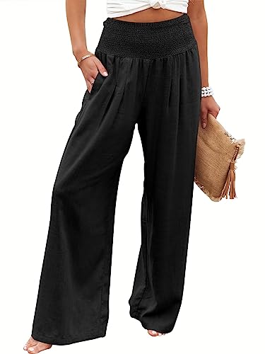 Cegerne Leinenhose Damen Sommer Hose Leicht Leinen Hosen Weites Bein Palazzo Casual Freizeithose Hohe Taille Einfarbig Sommerhose Stoffhose mit Taschen, Schwarz-1, XL von Cegerne
