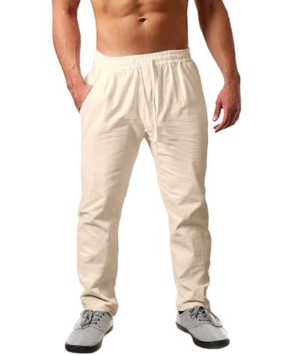 Cegerne Leinenhose Herren Einfarbiges Lang Leicht Sommerhose Loose Fit Freizeithose mit Kordelzug für Urlaub Strand Alltag, Beige-0, L von Cegerne