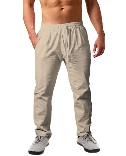 Cegerne Leinenhose Herren Einfarbiges Lang Leicht Sommerhose Loose Fit Freizeithose mit Kordelzug für Urlaub Strand Alltag, Kahki-0, M von Cegerne