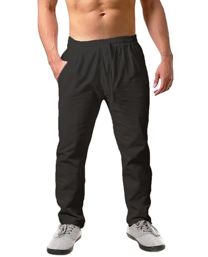 Cegerne Leinenhose Herren Einfarbiges Lang Leicht Sommerhose Loose Fit Freizeithose mit Kordelzug für Urlaub Strand Alltag, Schwarz-0, L von Cegerne