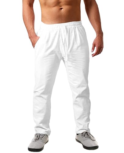 Cegerne Leinenhose Herren Einfarbiges Lang Leicht Sommerhose Loose Fit Freizeithose mit Kordelzug für Urlaub Strand Alltag, Weiß-0, M von Cegerne